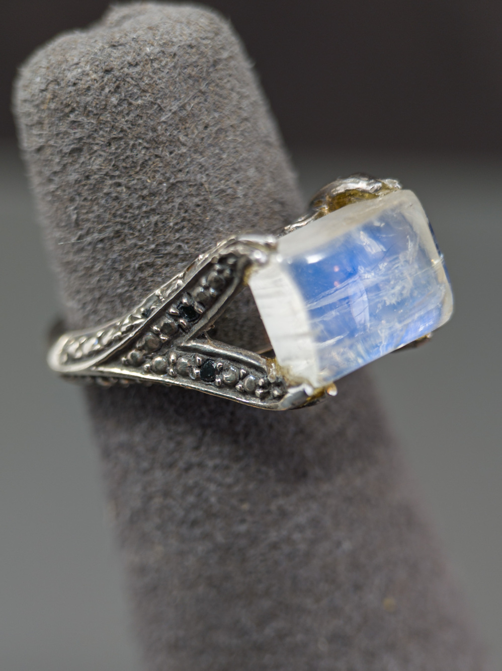 925 Sterling Moonstone & Marcasite Ring, Sz 3.75